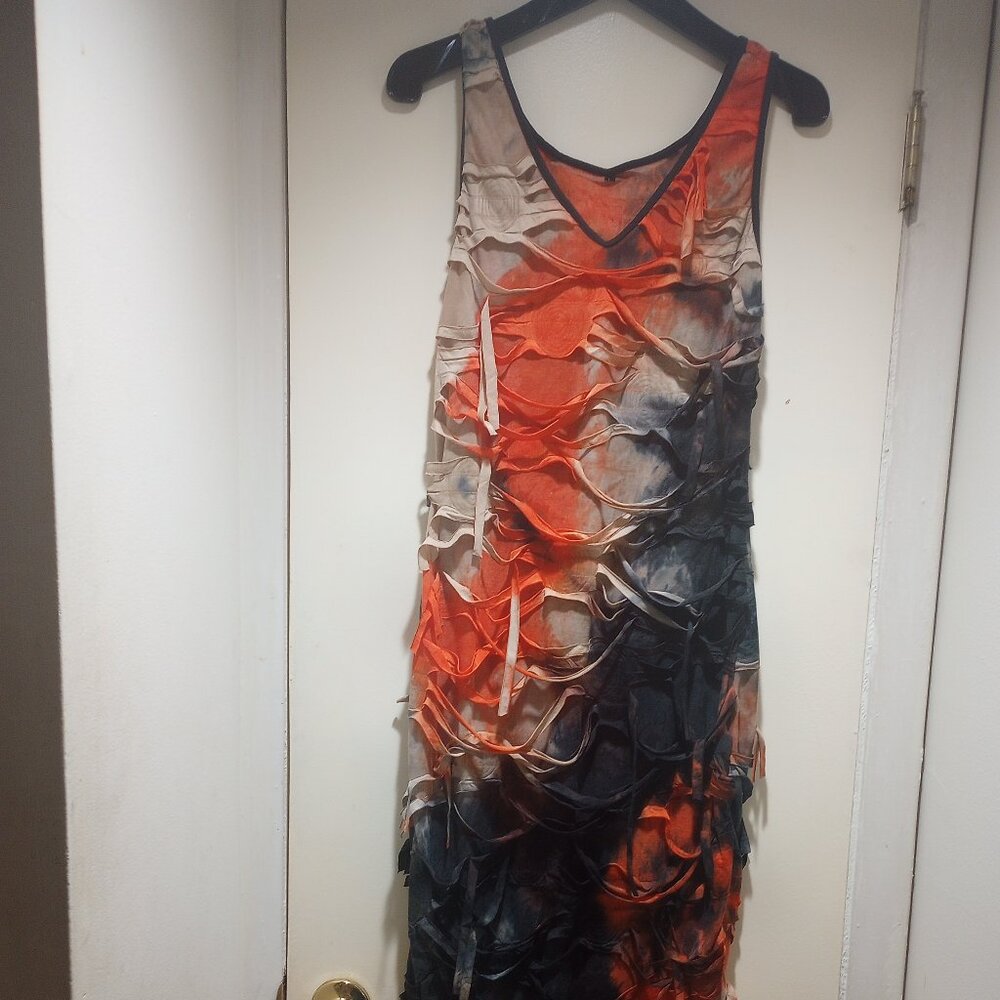 Multicolor dress shredded look sz L sleeveless mid length New in bag!